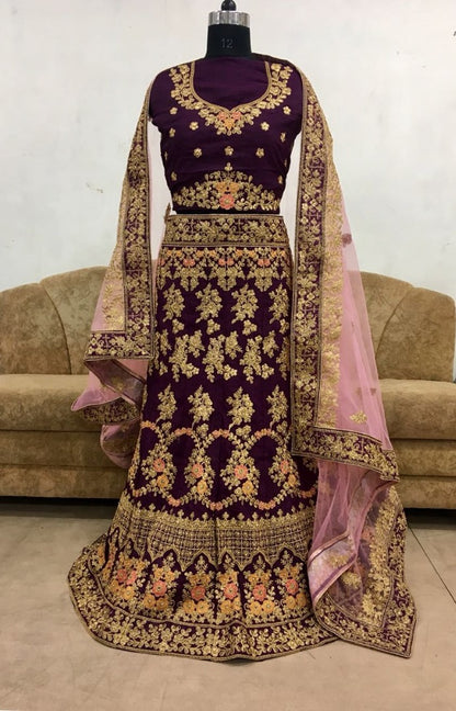Dark purple banglori silk heavy embroidered bridal lehenga