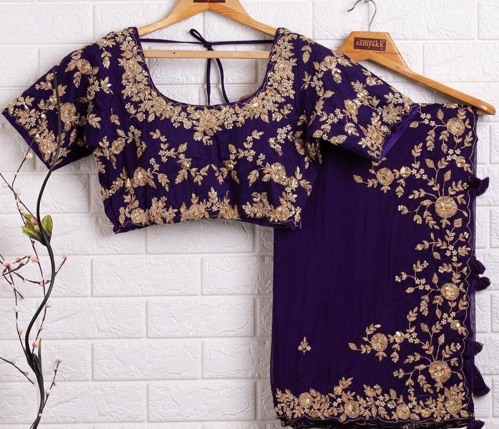 Dark purple georgette cording sequence work ceremonial wear saree