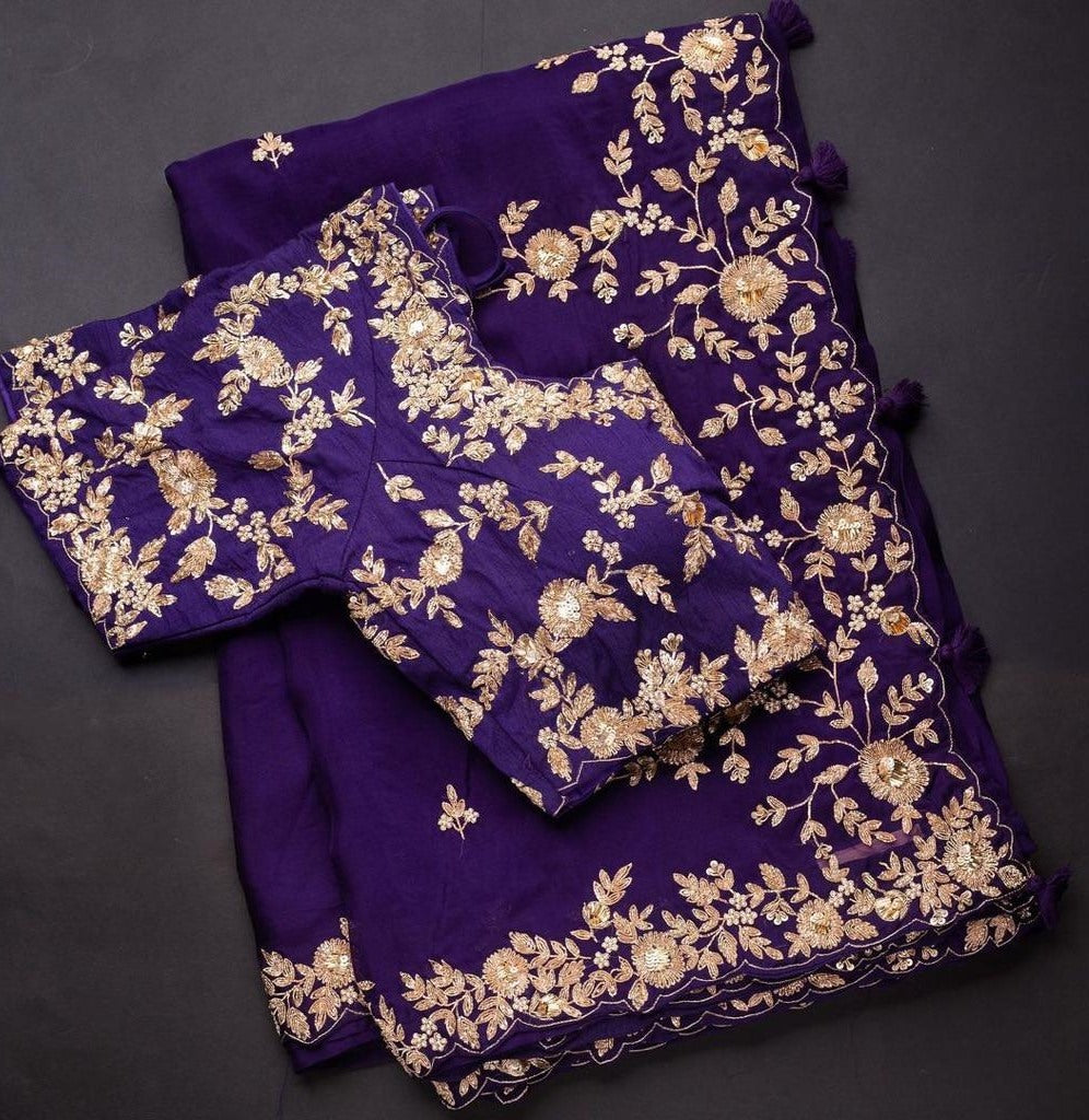 Dark purple georgette cording sequence work ceremonial wear saree