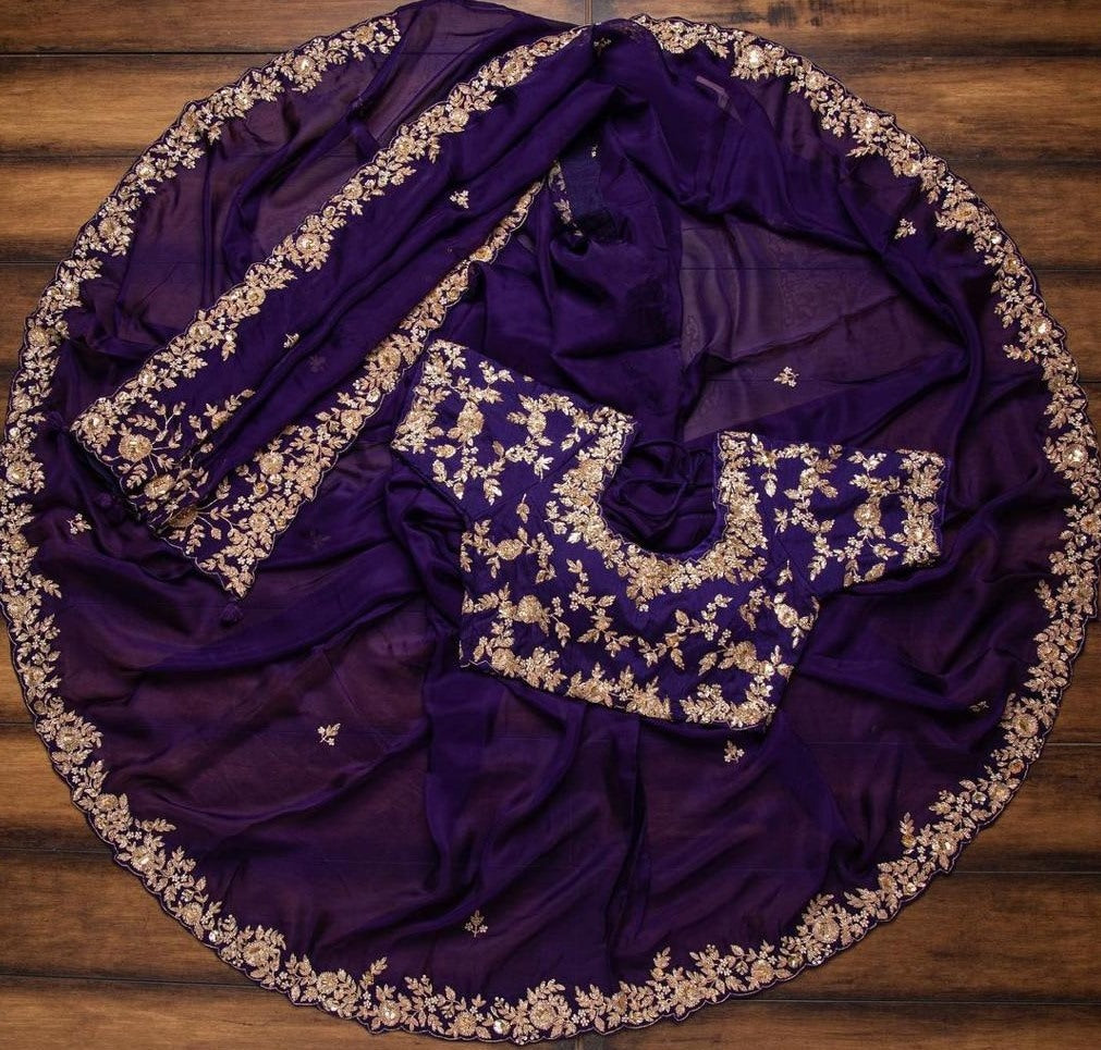 Dark purple georgette cording sequence work ceremonial wear saree