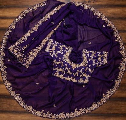 Dark purple georgette cording sequence work ceremonial wear saree