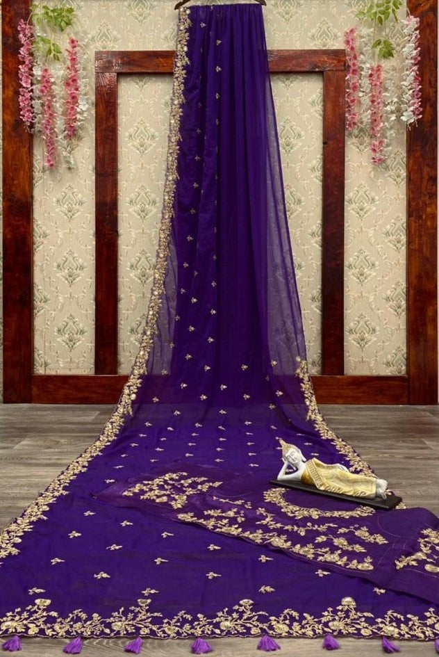 Dark purple georgette cording sequence work ceremonial wear saree