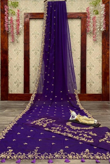 Dark purple georgette cording sequence work ceremonial wear saree