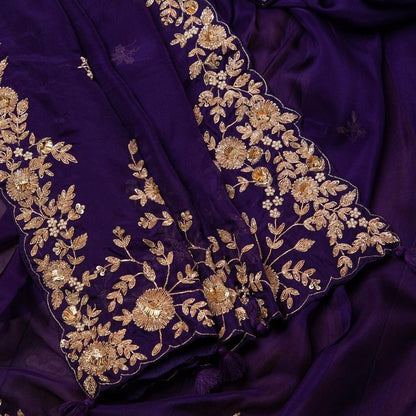 Dark purple georgette cording sequence work ceremonial wear saree