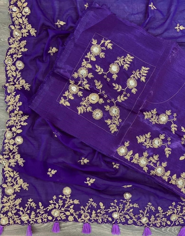 Dark purple georgette cording sequence work ceremonial wear saree