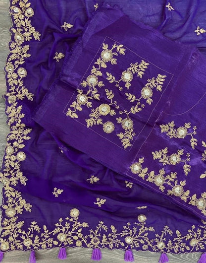 Dark purple georgette cording sequence work ceremonial wear saree