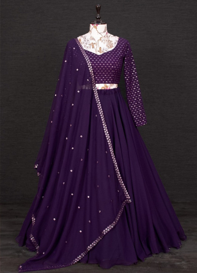 Dark purple georgette embroidered partywear lehenga choli
