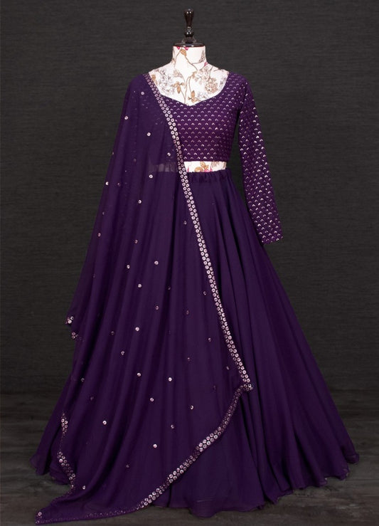 Dark purple georgette embroidered partywear lehenga choli