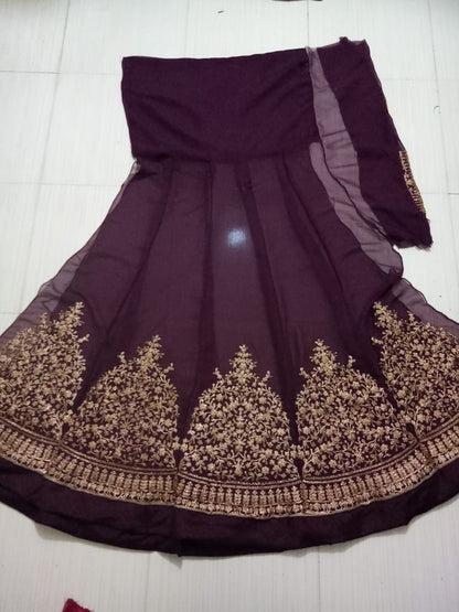 Dark purple heavy emboridered long wedding gown with dupatta