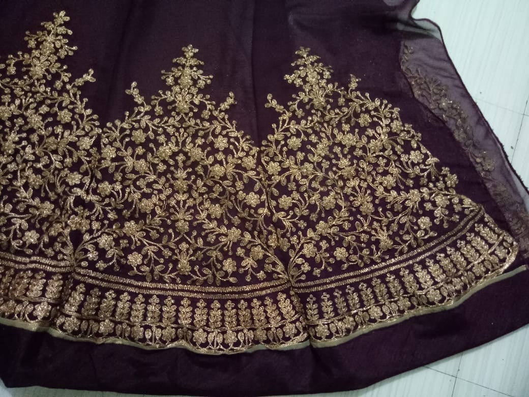 Dark purple heavy emboridered long wedding gown with dupatta