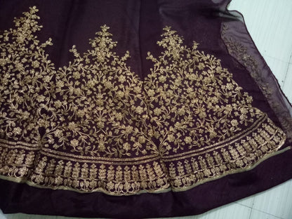 Dark purple heavy emboridered long wedding gown with dupatta