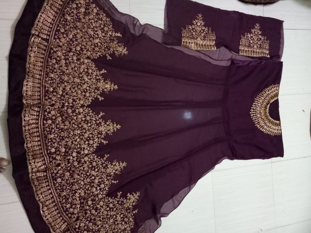 Dark purple heavy emboridered long wedding gown with dupatta