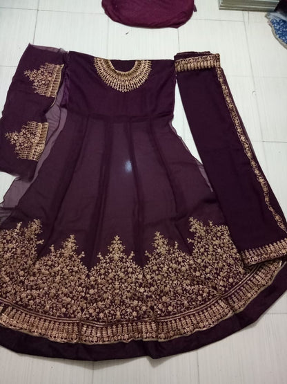 Dark purple heavy emboridered long wedding gown with dupatta