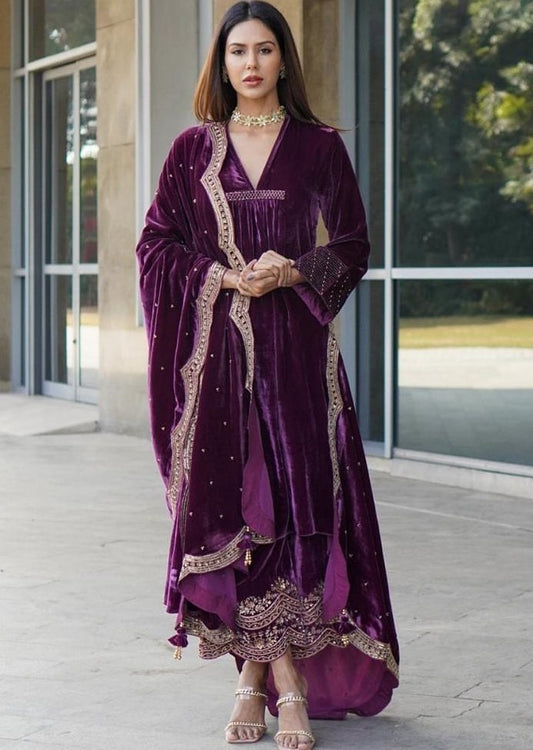 Dark purple heavy velvet embroidered work designer plazzo suit