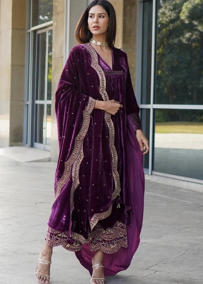 Dark purple heavy velvet embroidered work designer plazzo suit