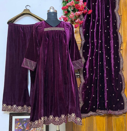 Dark purple heavy velvet embroidered work designer plazzo suit