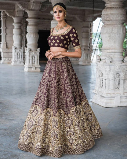 dark purple rubi silk heavy embroidered bridal lehenga