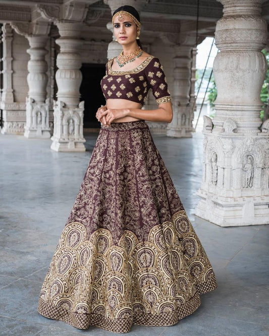 dark purple rubi silk heavy embroidered bridal lehenga