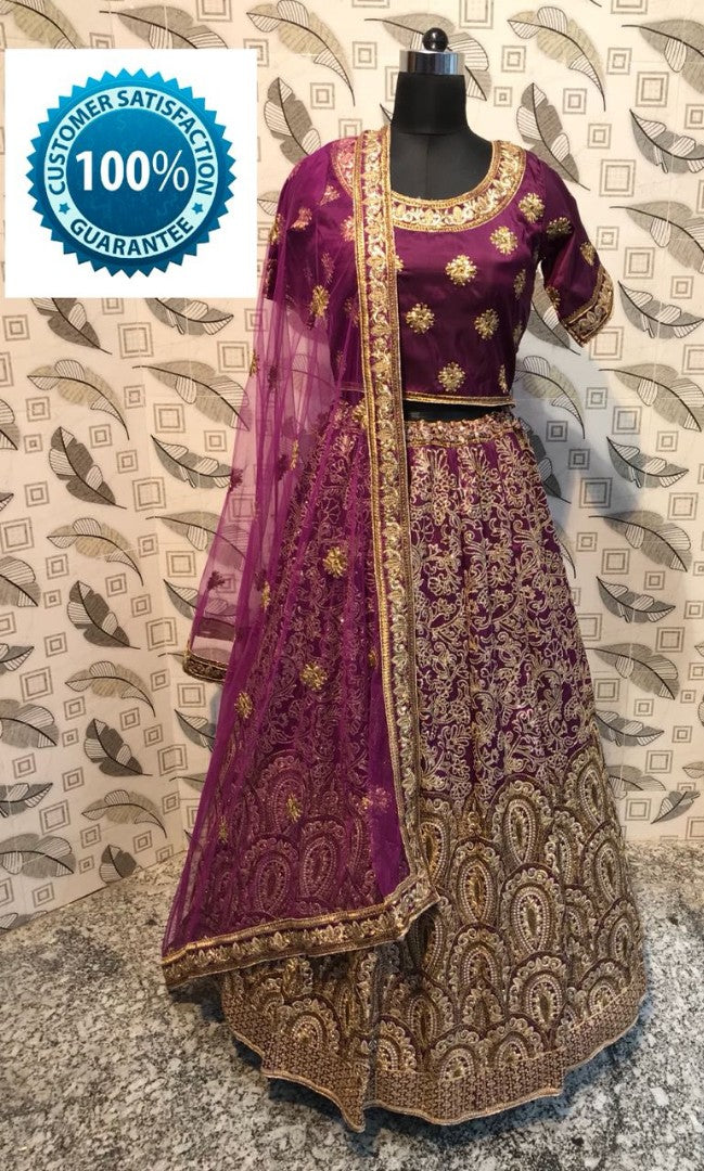 dark purple rubi silk heavy embroidered bridal lehenga