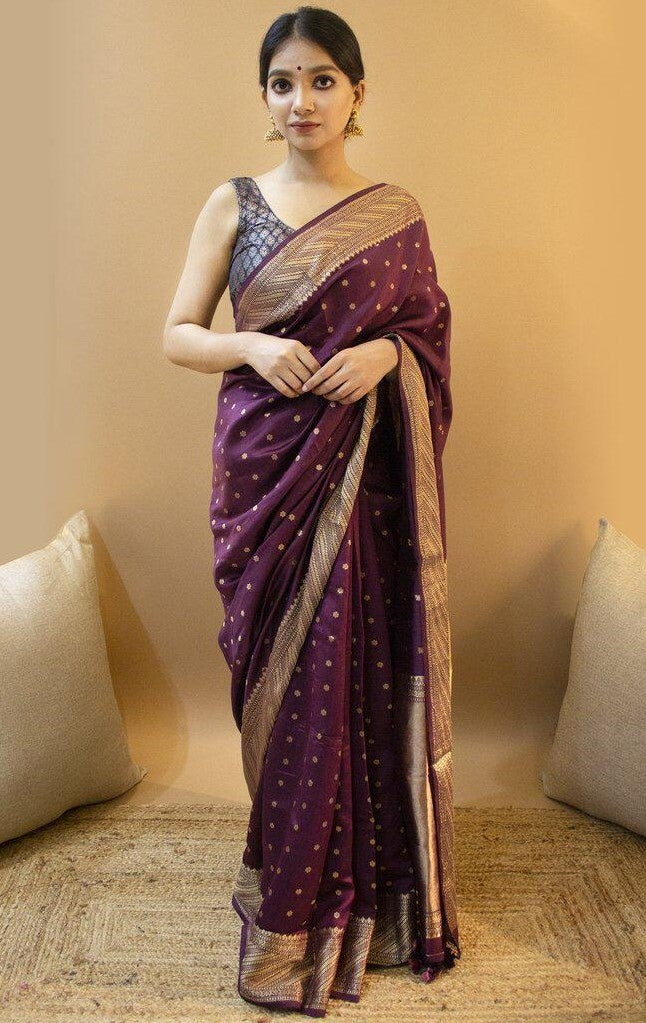 Dark purple soft lichi silk jacquard weaving work wedding saree