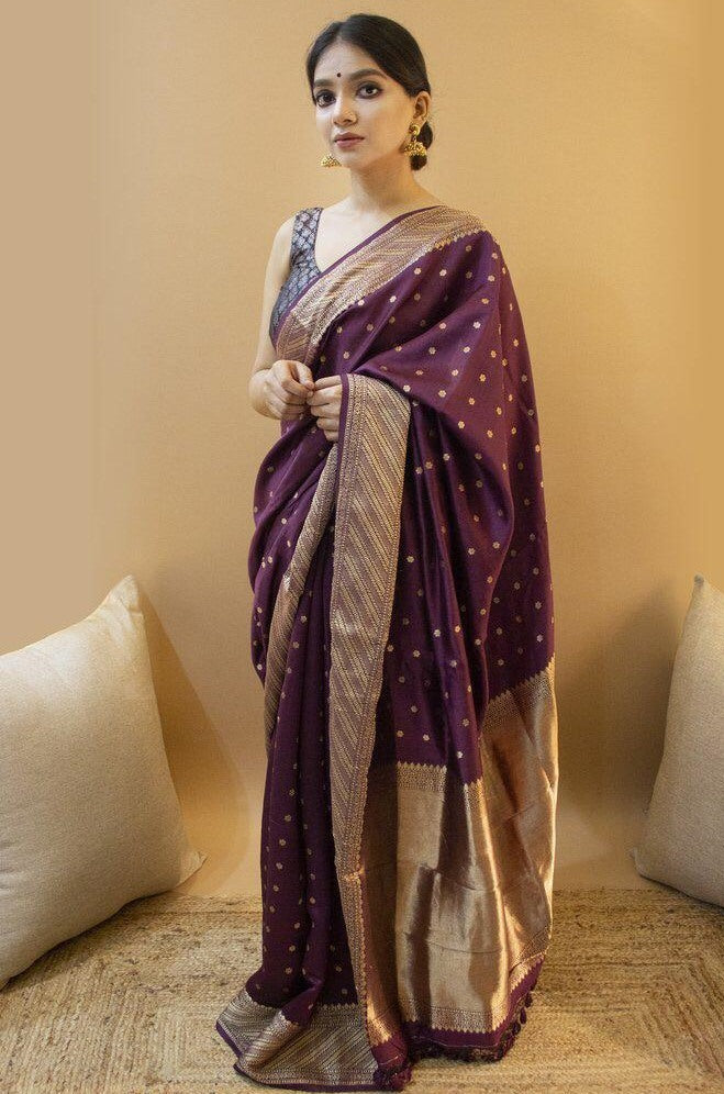 Dark purple soft lichi silk jacquard weaving work wedding saree