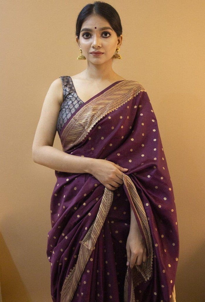 Dark purple soft lichi silk jacquard weaving work wedding saree