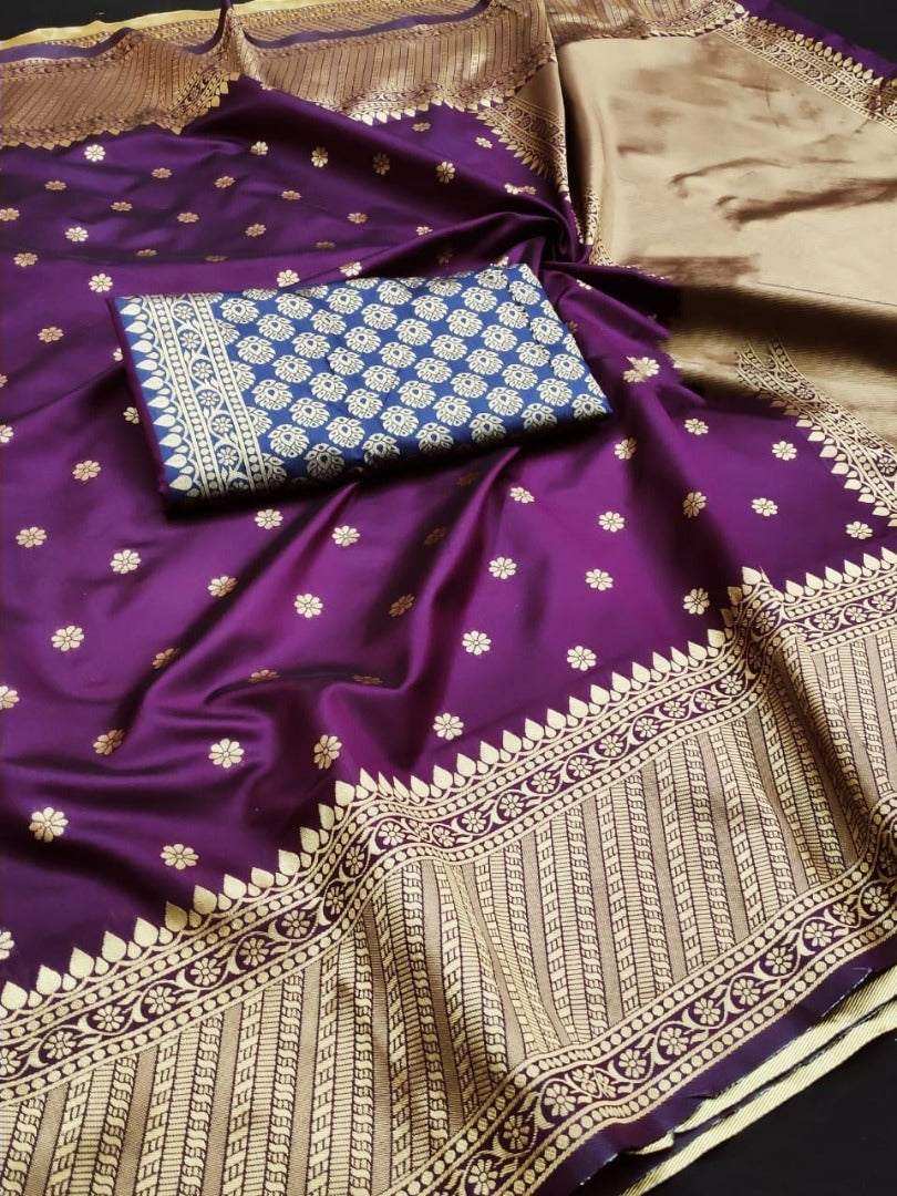 Dark purple soft lichi silk jacquard weaving work wedding saree