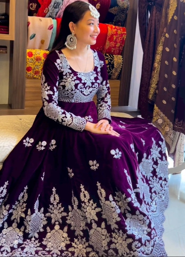 Dark purple velvet embroidery worked long wedding gown