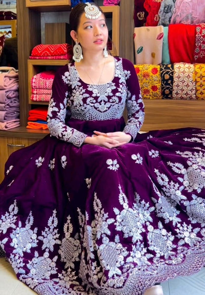 Dark purple velvet embroidery worked long wedding gown