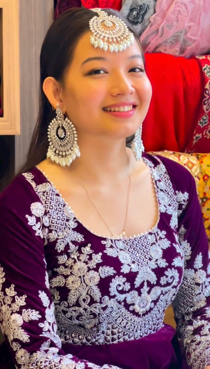 Dark purple velvet embroidery worked long wedding gown