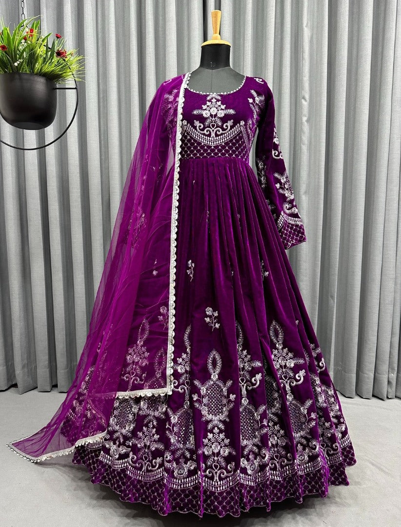 Dark purple velvet embroidery worked long wedding gown