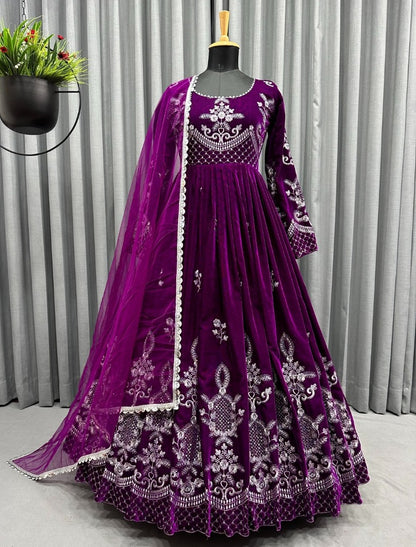 Dark purple velvet embroidery worked long wedding gown