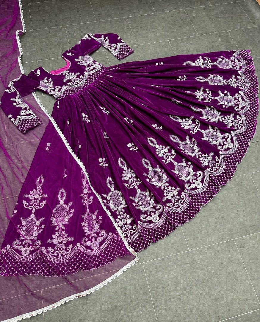 Dark purple velvet embroidery worked long wedding gown