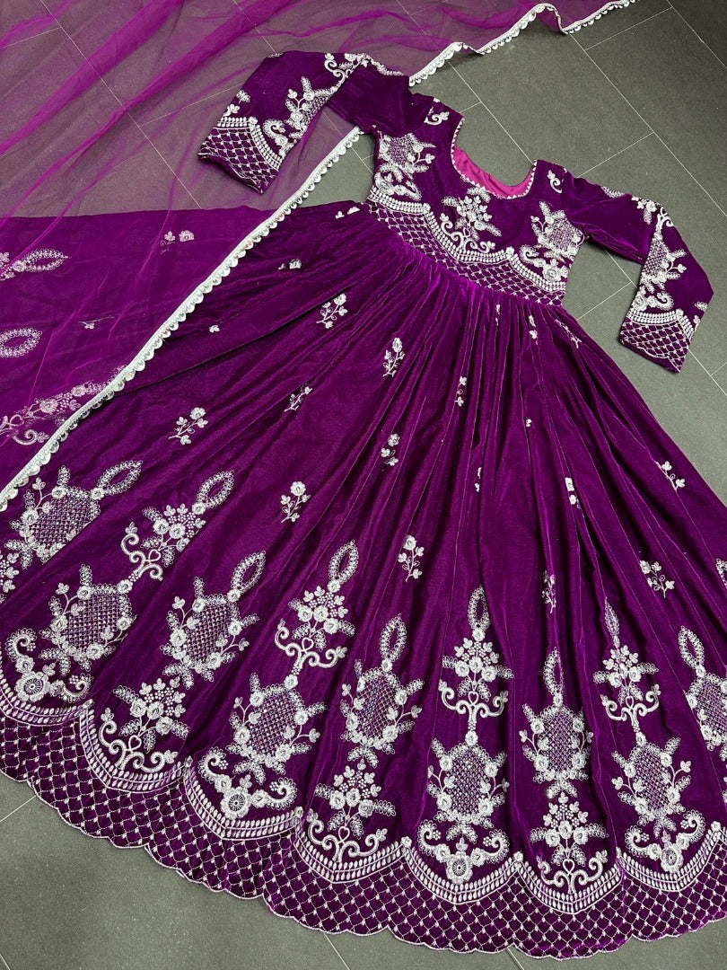 Dark purple velvet embroidery worked long wedding gown