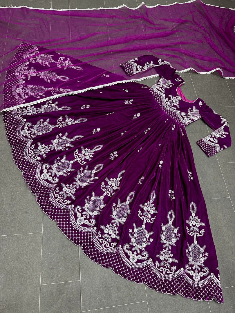 Dark purple velvet embroidery worked long wedding gown