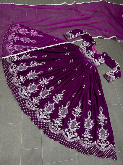 Dark purple velvet embroidery worked long wedding gown