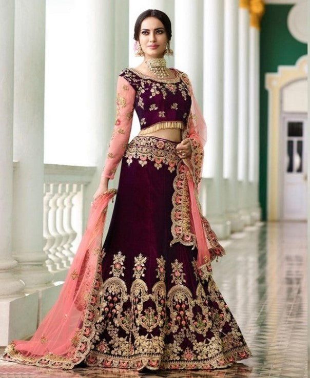 Dark purple velvet heavy embroidered bridal lehenga