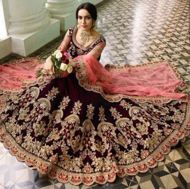 Dark purple velvet heavy embroidered bridal lehenga