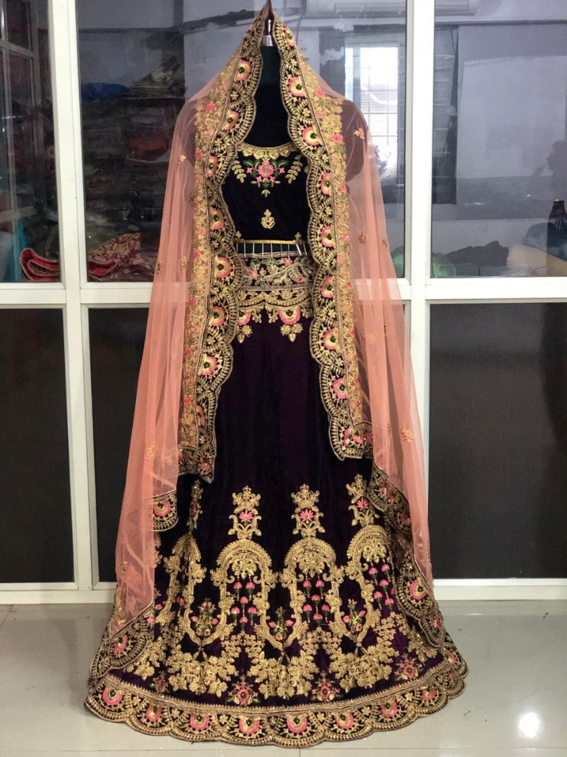 Dark purple velvet heavy embroidered bridal lehenga