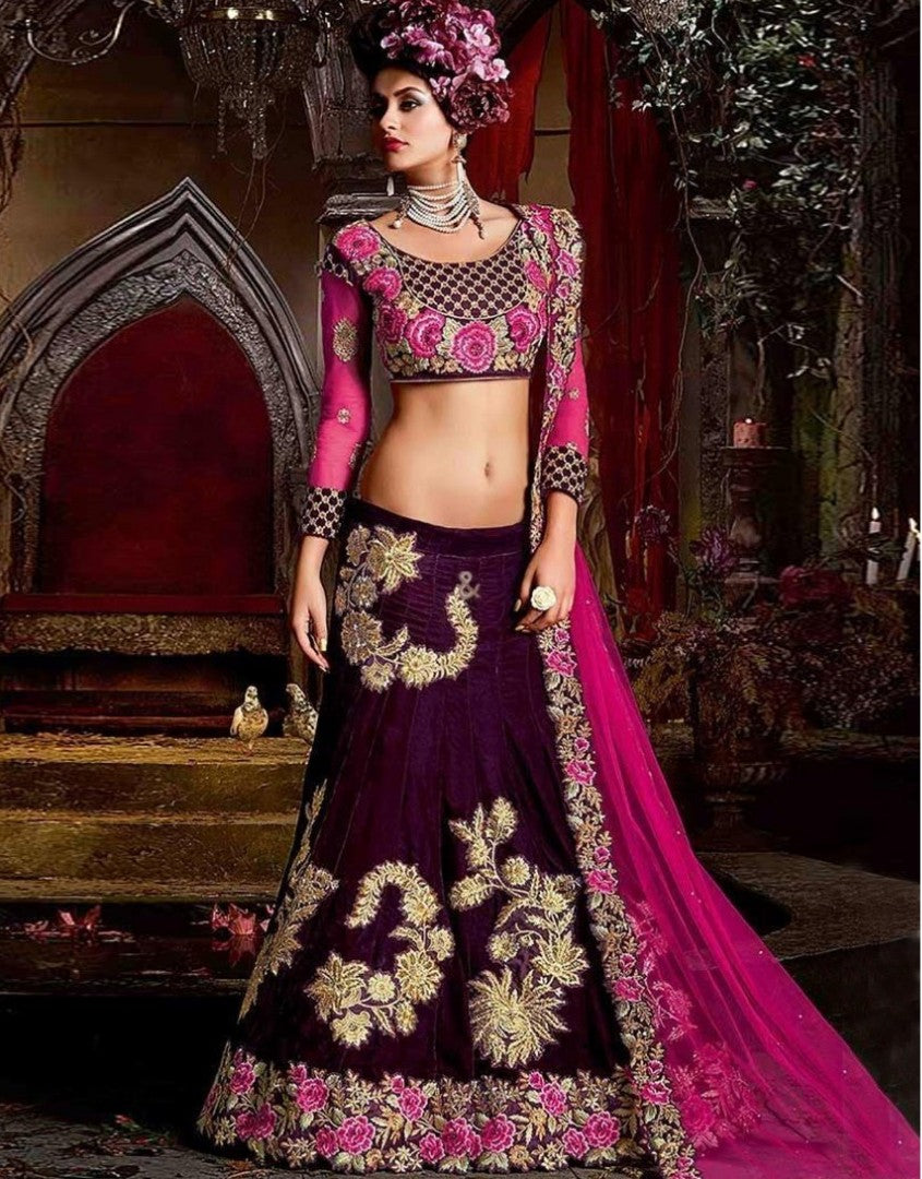 dark purple velvet heavy embroidered designer wedding lehenga