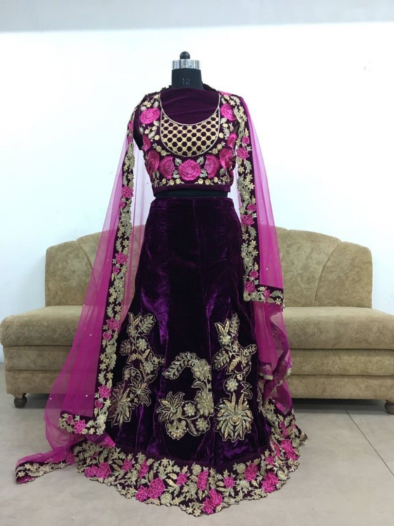 dark purple velvet heavy embroidered designer wedding lehenga