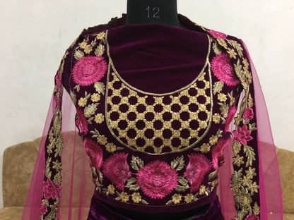 dark purple velvet heavy embroidered designer wedding lehenga
