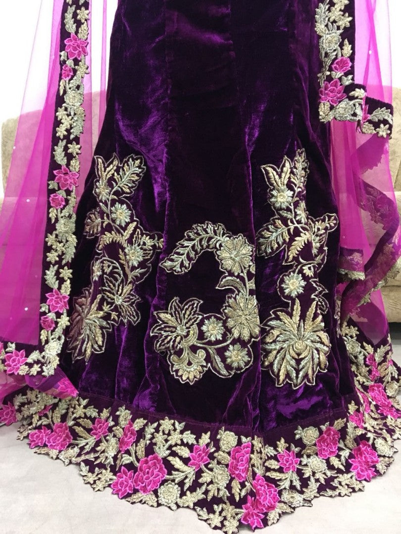 dark purple velvet heavy embroidered designer wedding lehenga