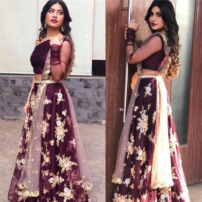 Dark purple zari and dori worked ceremonial lehenga