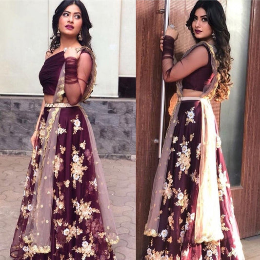 Dark purple zari and dori worked ceremonial lehenga