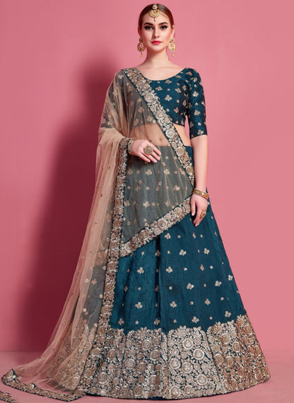 Dark rama art silk embroidered party wear lehenga choli