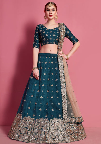 Dark rama art silk embroidered party wear lehenga choli