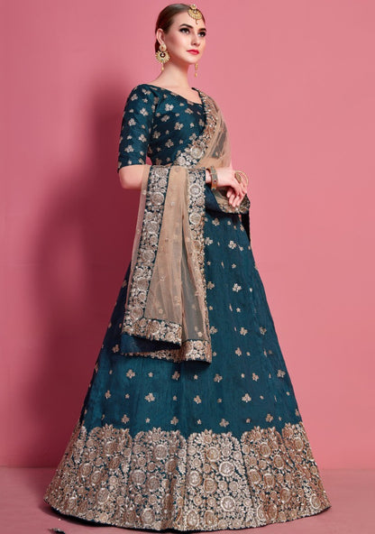 Dark rama art silk embroidered party wear lehenga choli