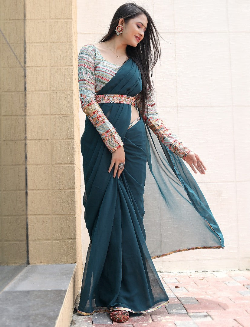 Dark rama designer georgette party wear saree with stitched blouse