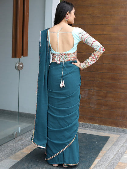 Dark rama designer georgette party wear saree with stitched blouse